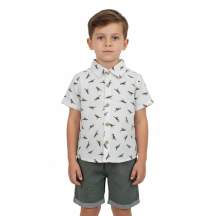 Conjunto Masculino Camisa Estampada Dino e Bermuda Tecido 8625 - Serelepe