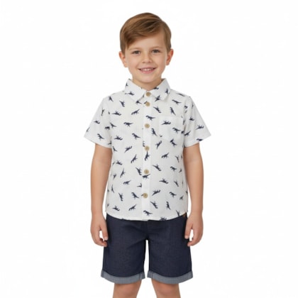 Conjunto Masculino Camisa Estampada Dino e Bermuda Tecido 8625 - Serelepe
