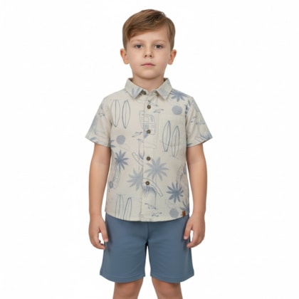 Conjunto Masculino Camisa Estampada Folhas e Bermuda Moletinho 19404 - Alakazoo