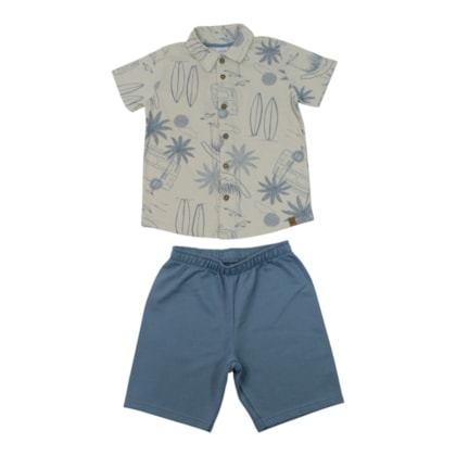 Conjunto Masculino Camisa Estampada Folhas e Bermuda Moletinho 19404 - Alakazoo
