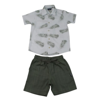 Conjunto Masculino Camisa Estampada Folhas e Bermuda Tecido 425502 - Vrasalon