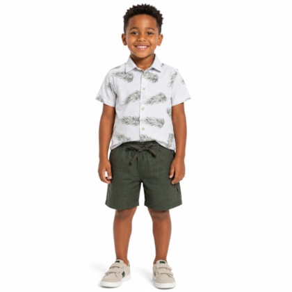 Conjunto Masculino Camisa Estampada Folhas e Bermuda Tecido 425502 - Vrasalon