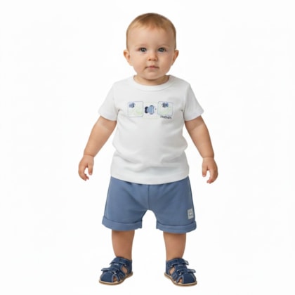 Conjunto Masculino Camiseta Bordada Peixe e Bermuda Moletinho - 27362 - Brandili