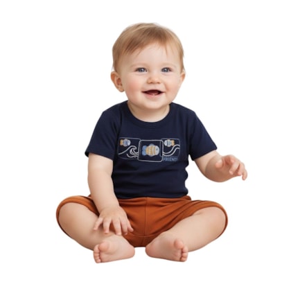 Conjunto Masculino Camiseta Bordada Peixe e Bermuda Moletinho - 27362 - Brandili