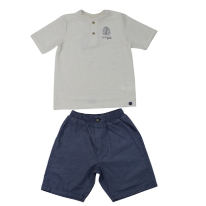 Conjunto Masculino Camiseta Bordado Folha e Bermuda Tecido 29069 - Angerô