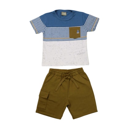 Conjunto Masculino Camiseta com Listras e Bermuda Moletinho 2001342 - Milon      