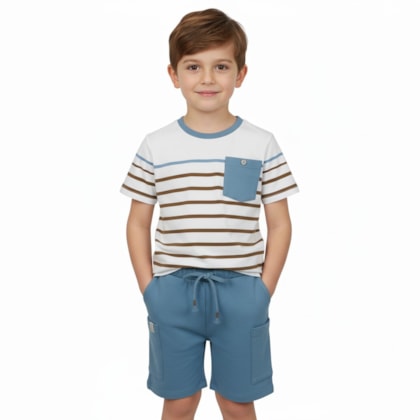 Conjunto Masculino Camiseta com Listras e Bermuda Moletinho 2001813 - Milon
