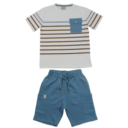 Conjunto Masculino Camiseta com Listras e Bermuda Moletinho 2001813 - Milon