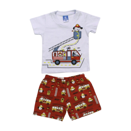 Conjunto Masculino Camiseta e Bermuda Estampada Caminhão de Bombeiro 17589 - Teddy     