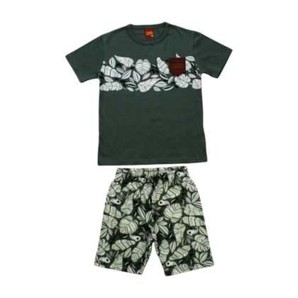 Conjunto Masculino Camiseta e Bermuda Moletinho Estampa Folhas 1000384 - Kyly     