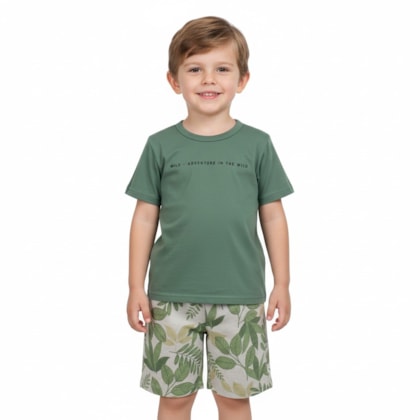 Conjunto Masculino Camiseta e Bermuda Moletinho Estampada Folhas 19414 - Alakazoo