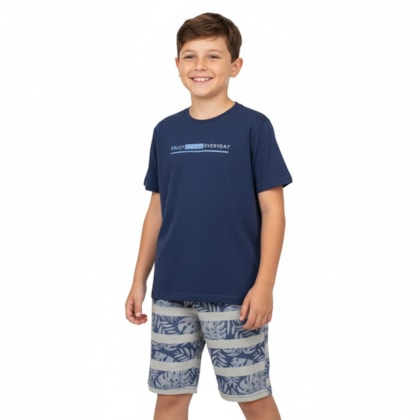 Conjunto Masculino Camiseta e Bermuda Moletinho Estampada Folhas 19839 - Alakazoo
