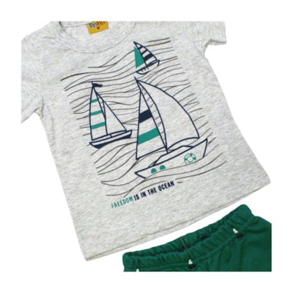 Conjunto Masculino Camiseta e Bermuda Moletinho Estampado Barcos 25241 - Rollu
