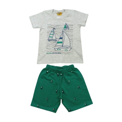 Conjunto Masculino Camiseta e Bermuda Moletinho Estampado Barcos 25241 - Rollu