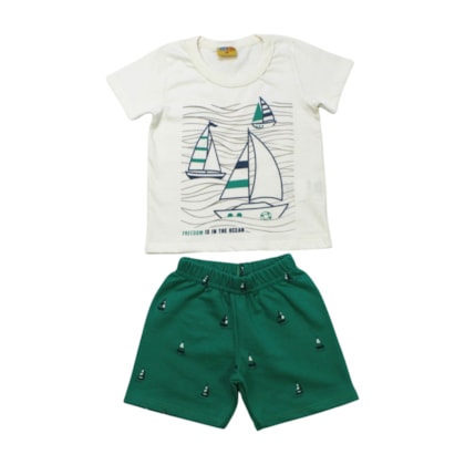 Conjunto Masculino Camiseta e Bermuda Moletinho Estampado Barcos 25241 - Rollu