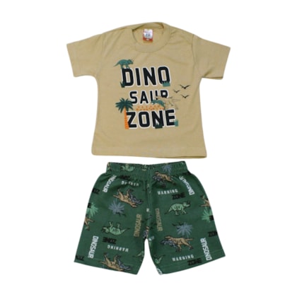 Conjunto Masculino Camiseta e Bermuda Moletinho Estampado Dino 82 - Cleomara     