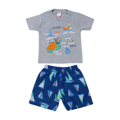 Conjunto Masculino Camiseta e Bermuda Moletinho Estampado Fundo do Mar 82 - Cleomara   