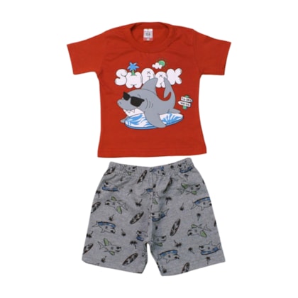 Conjunto Masculino Camiseta e Bermuda Moletinho Estampado Tubarão 82 - Cleomara    