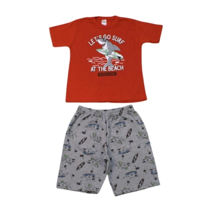 Conjunto Masculino Camiseta e Bermuda Moletinho Estampado Tubarão 86 - Cleomara 