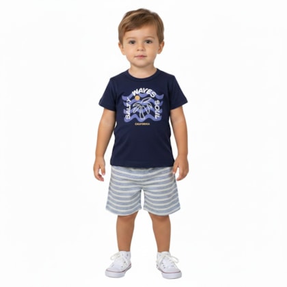 Conjunto Masculino Camiseta e Bermuda Moletinho Listrada 25020 - Bicho Bagunça