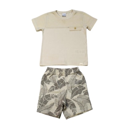 Conjunto Masculino Camiseta e Bermuda Tecido Estampada Folhas A0063 - Alakazoo