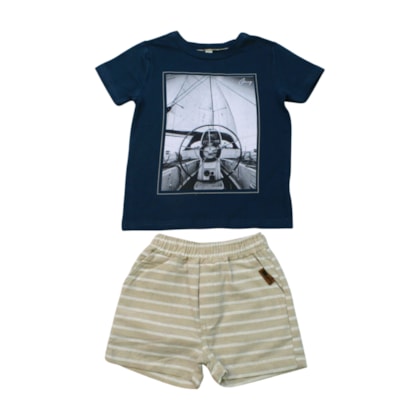 Conjunto Masculino Camiseta Estampa Avião e Bermuda Sarja - 31398 - Glinny