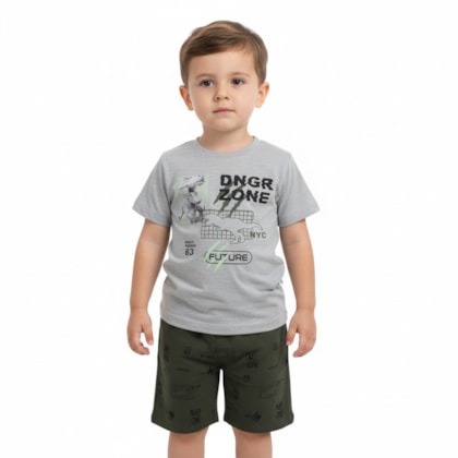 Conjunto Masculino Camiseta Estampa Dino e Bermuda Moletinho 35020 - Bicho Bagunça