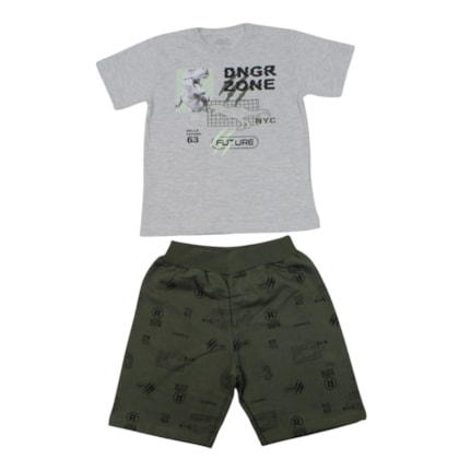 Conjunto Masculino Camiseta Estampa Dino e Bermuda Moletinho 35020 - Bicho Bagunça