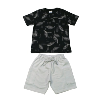 Conjunto Masculino Camiseta Estampa Folhas e Bermuda Moletinho 28855 - Angerô 