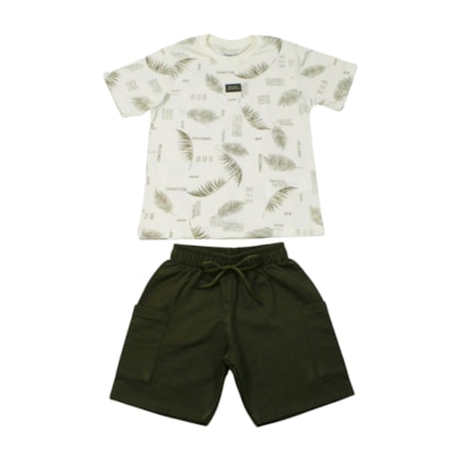 Conjunto Masculino Camiseta Estampa Folhas e Bermuda Moletinho 28855 - Angerô 