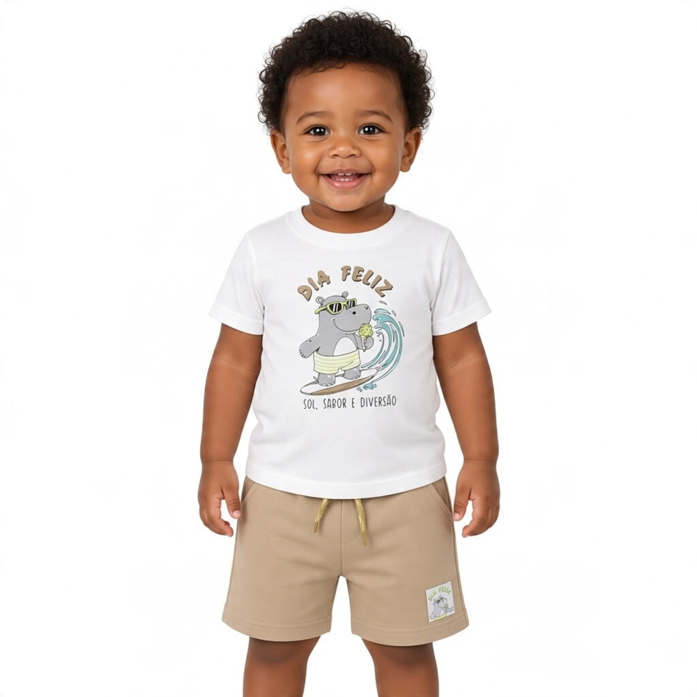 Conjunto Masculino Camiseta Estampa Hipopótamo e Bermuda Moletinho 8582 - By Gus