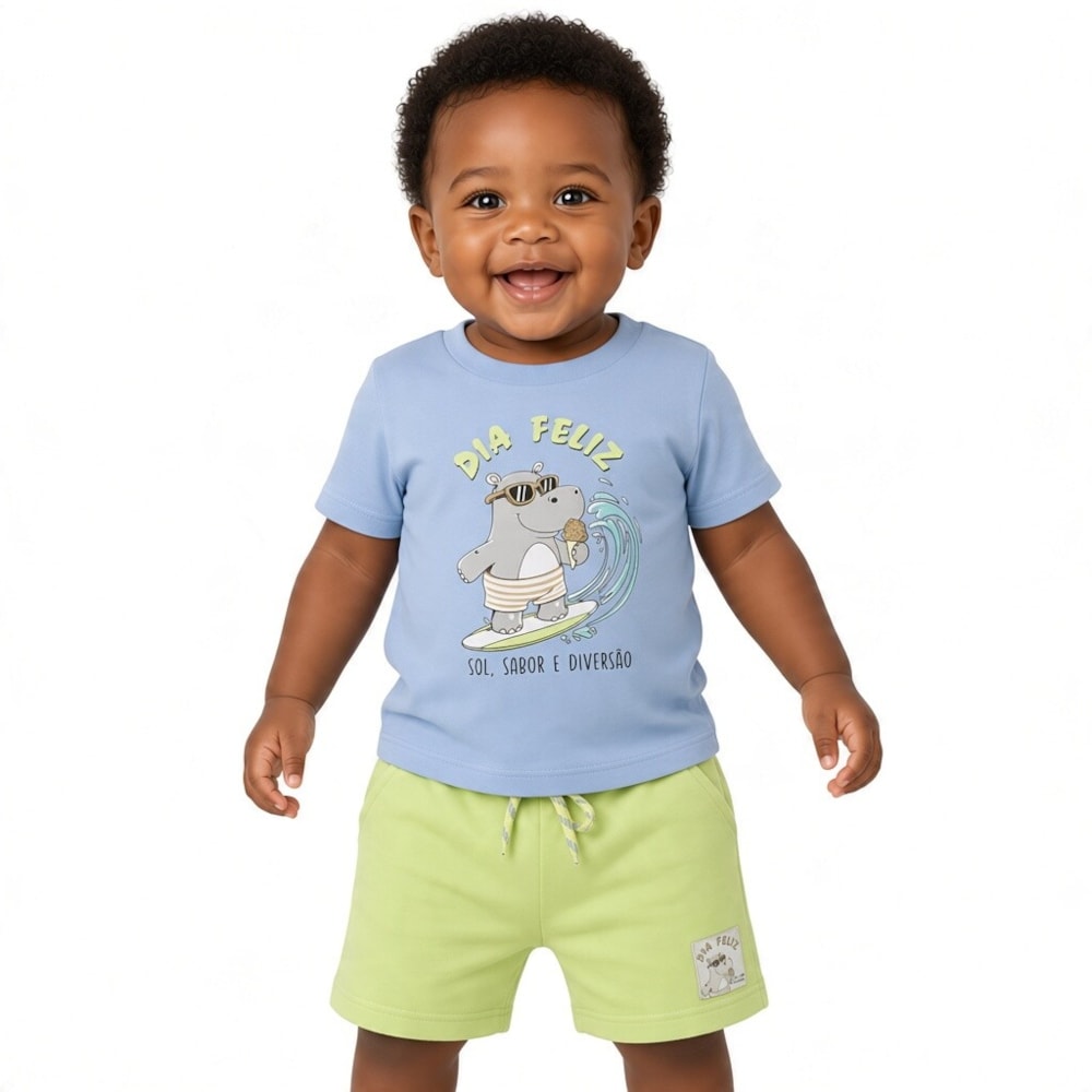 Conjunto Masculino Camiseta Estampa Hipopótamo e Bermuda Moletinho 8582 - By Gus