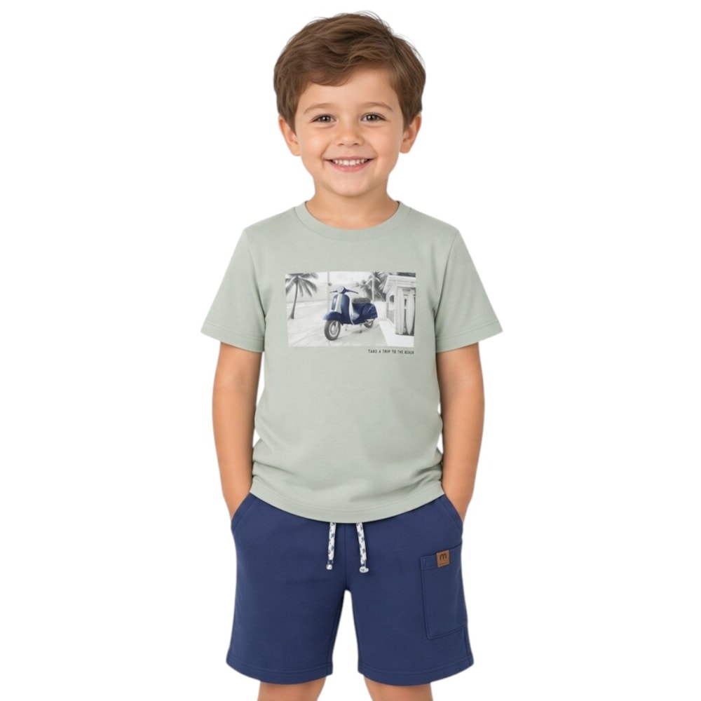 Conjunto Masculino Camiseta Estampa Moto e Bermuda Moletinho 2002067 - Milon