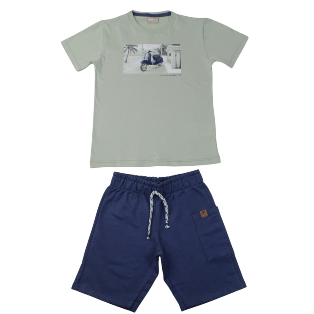 Conjunto Masculino Camiseta Estampa Moto e Bermuda Moletinho 2002067 - Milon