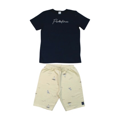 Conjunto Masculino Camiseta  Estampa Paradise e Bermuda Moletinho 19336 - Alakazoo