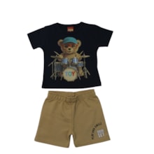 Conjunto Masculino Camiseta Estampa Urso na Bateria e Bermuda Moletinho 1001869 - Kyly
