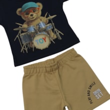 Conjunto Masculino Camiseta Estampa Urso na Bateria e Bermuda Moletinho 1001869 - Kyly
