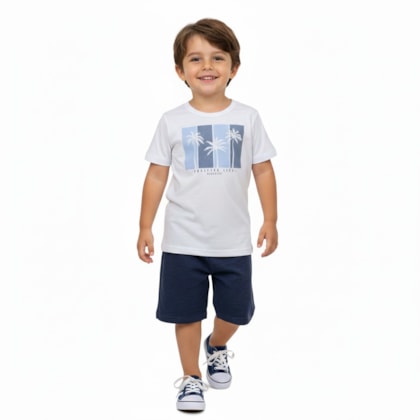 Conjunto Masculino Camiseta Estampada Coqueiros e Bermuda Moletinho 19840 - Alakazoo