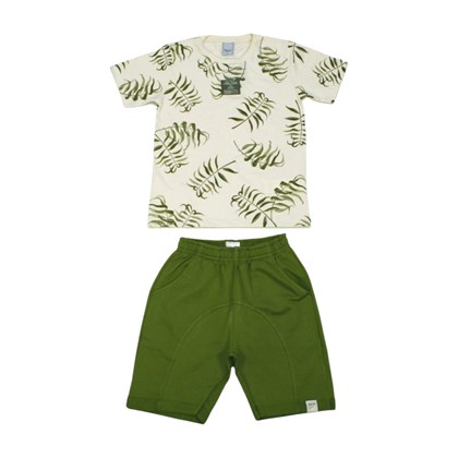Conjunto Masculino Camiseta Estampada Folhas e Bermuda Moletinho 28517 - Angerô