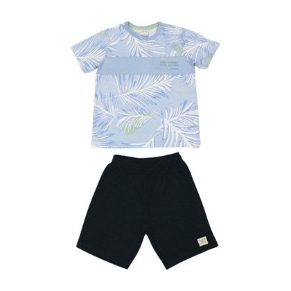 Conjunto Masculino Camiseta Estampada Folhas e Bermuda Moletinho 39709 - Alakazoo