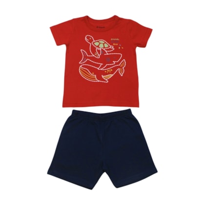 Conjunto Masculino Camiseta Estampada Tubarão e Bermuda Moletinho 26676 - Brandili 