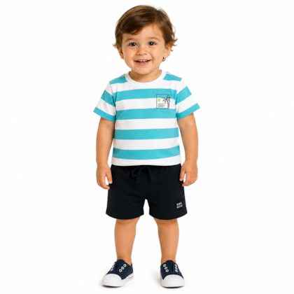 Conjunto Masculino Camiseta Listrada e Bermuda Moletinho 43702 - Kamylus 