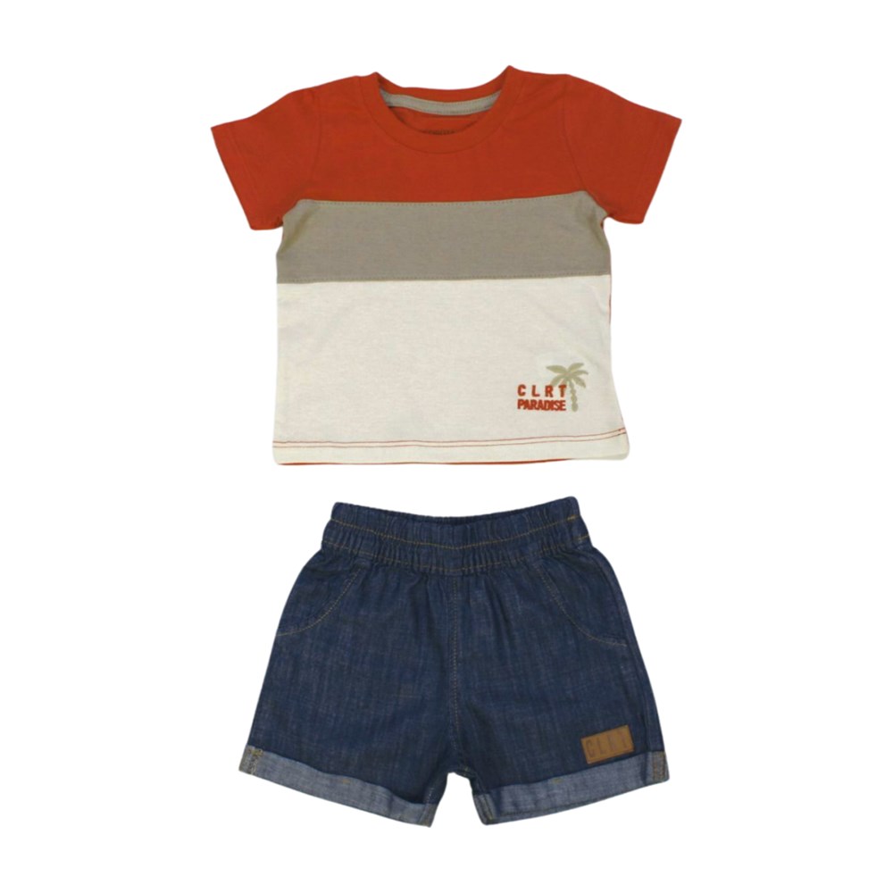 Conjunto Masculino Camiseta Listras e Bermuda Jeans 70027 - Colorittá