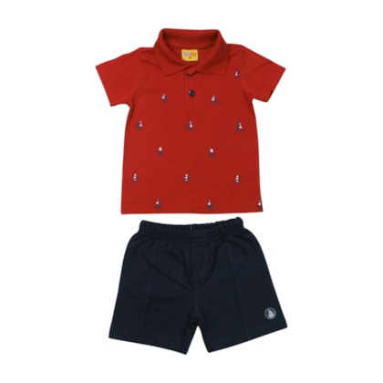 Conjunto Masculino Polo Estampada Barcos e Bermuda Moletinho 25247 - Rollu