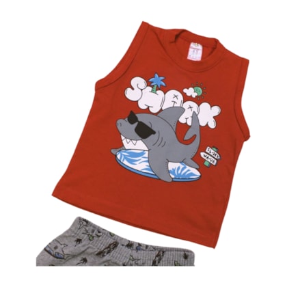 Conjunto Masculino Regata e Bermuda Moletinho Estampa Tubarão 80 - Cleomara