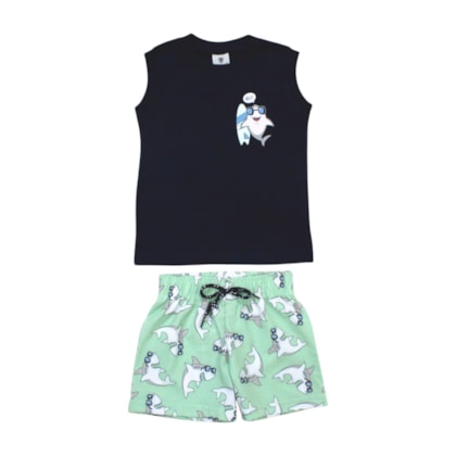 Conjunto Masculino Regata e Bermuda Tactel Estampada Tubarão 8092 - By Gus