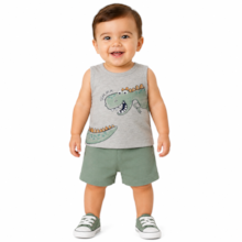 Conjunto Masculino Regata Estampa Dino e Bermuda Moletinho 47158 - Rei Rex