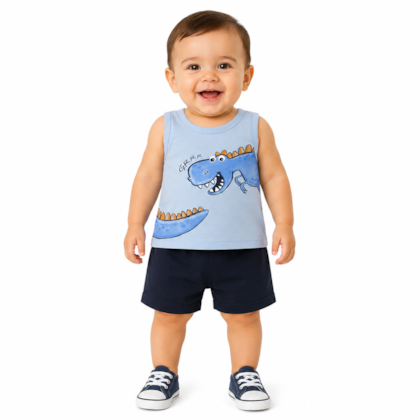 Conjunto Masculino Regata Estampa Dino e Bermuda Moletinho 47158 - Rei Rex