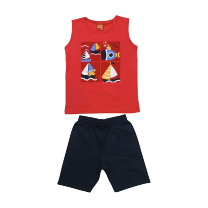 Conjunto Masculino Regata Estampada Barcos e Bermuda Moletinho 1000354 - Kyly