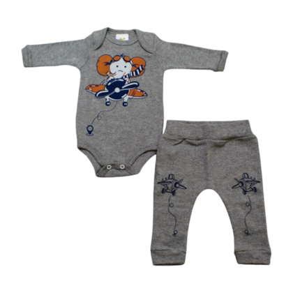 Kit Body e Mijão Masculino Estampado Elefante no Avião 1210/11 - Bebê Precioso